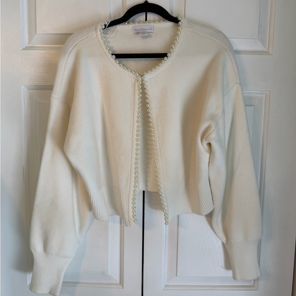 House of Harlow 1960 Cream Pearl-Embellished Cardigan